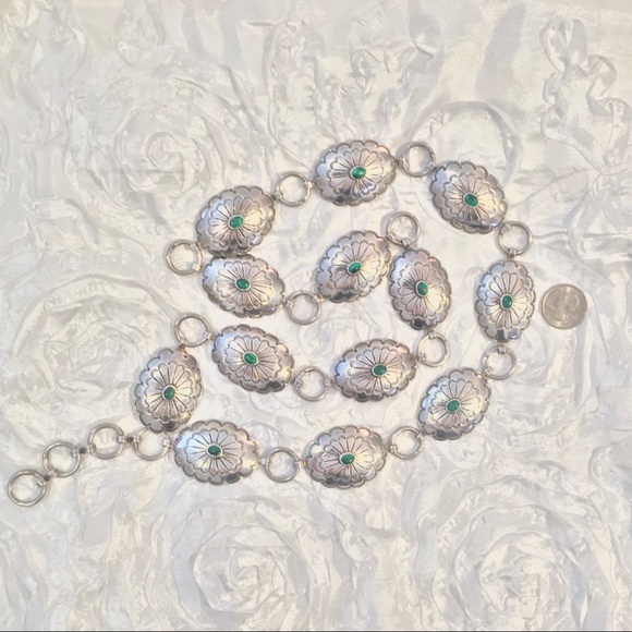 Vintage Navajo Handmade Concho Stamped Sterling Silver Malachite Belt Med Adjust - Picture 3 of 15